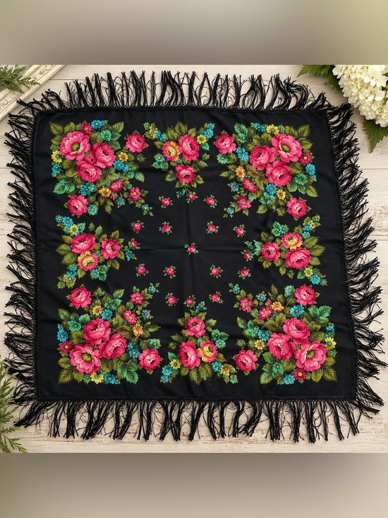 Accessories - Vintage CHALLIS by Berkshire Scarf Shawl 44” Sq Black Pink Floral Fringe Italy